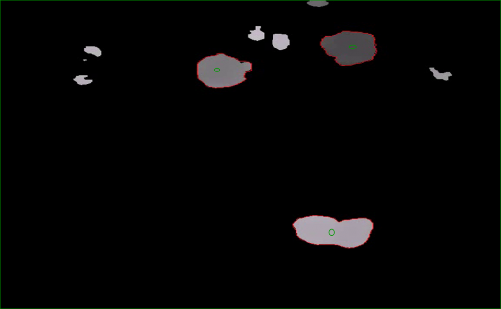 Target Particles Acquired (shown by red boundary and green centroids)