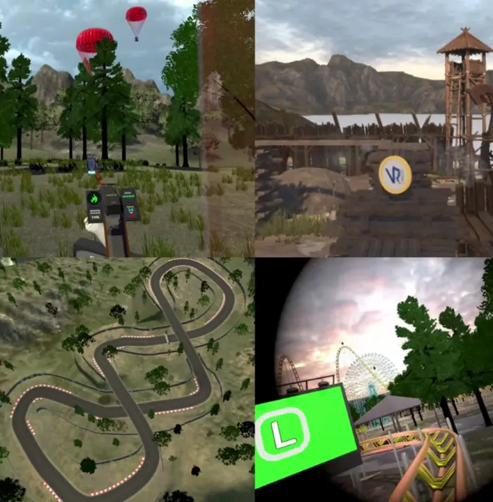 Collage of a first person views of a roller coaster, shooter game, and overhead view of a racetrack.